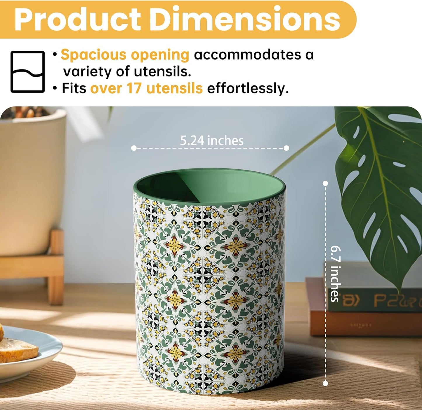 Ceramic Kitchen Utensil Holder for Countertop, Large Mediterranean Utensil Crock ,Green